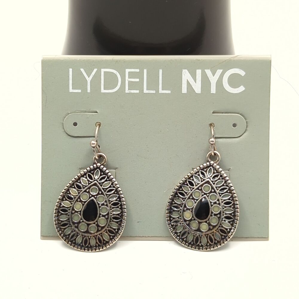 Boho Black and Sage Green Teardrop Filigree Dangle Earrings - Lydell NYC